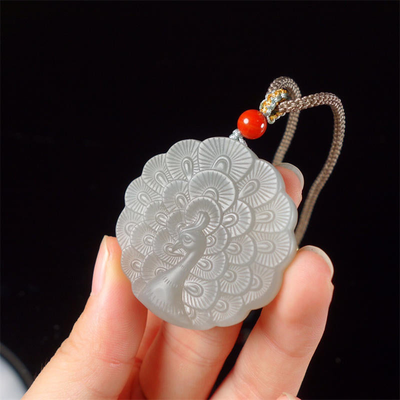 Wear FengShui White Jade Peacock Protection Blessing Necklace Pendant