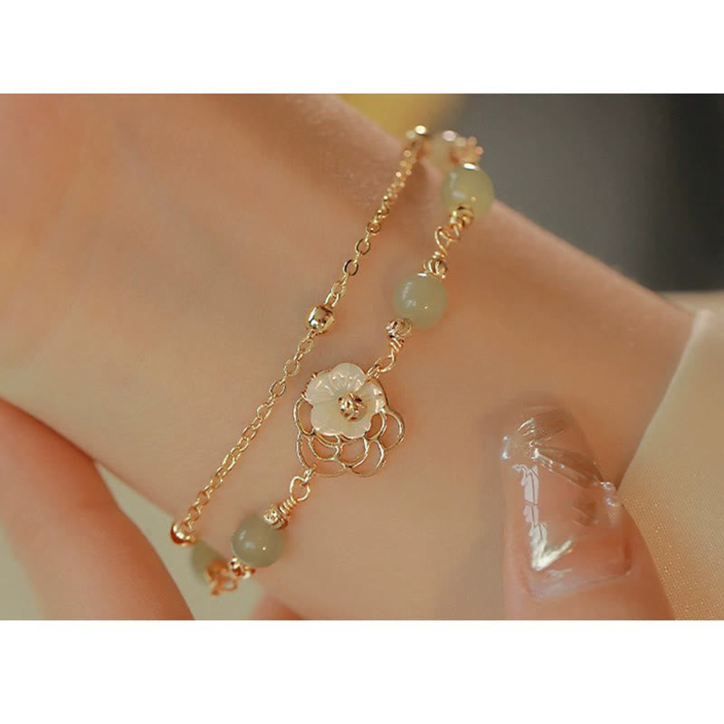 Wear FengShui 14K Gold Plated Jade Butterfly Tridacna Stone Flower Double Layer Luck Bracelet