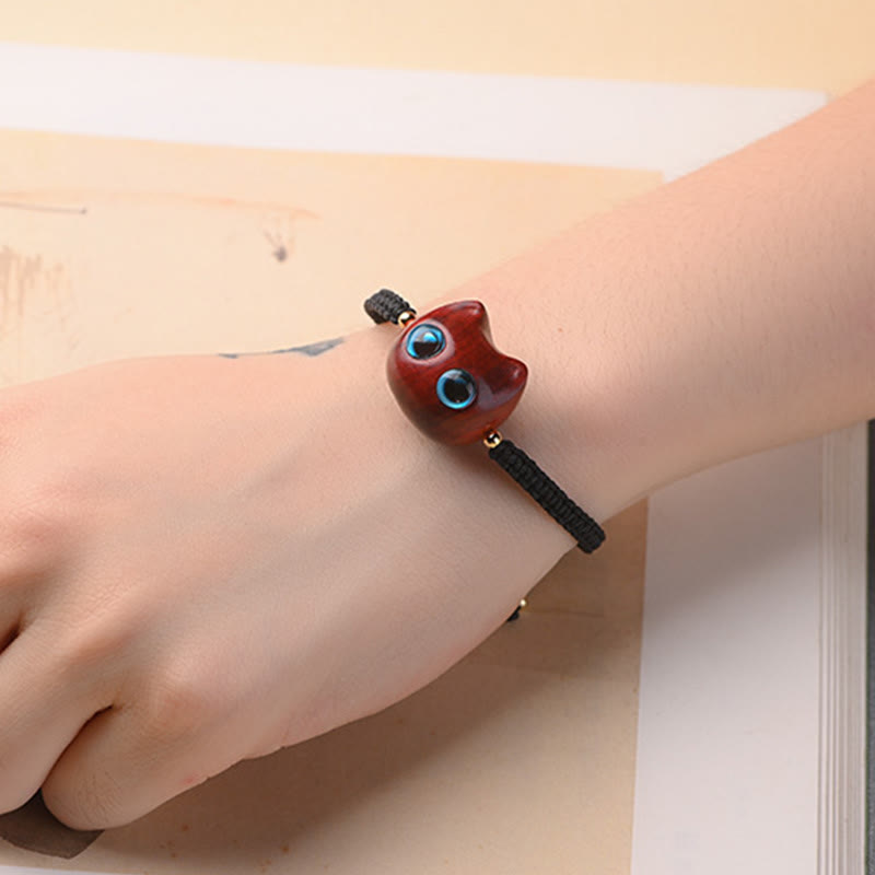 Wear FengShui Small Leaf Red Sandalwood Ebony Wood Cute Cat Head Calm Protection Braided Bracelet