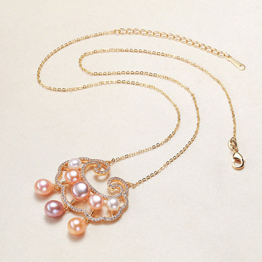 Wear FengShui 18K Gold Plated Natural Pearl Chinese Lock Charm Sincerity Necklace Pendant