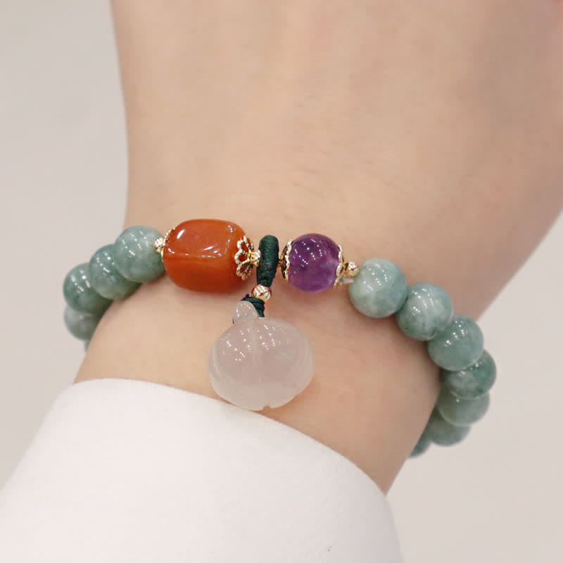 Wear FengShui Cyan Jade Lotus Pumpkin Wish Peace Buckle Amethyst Crystal Healing Bracelet