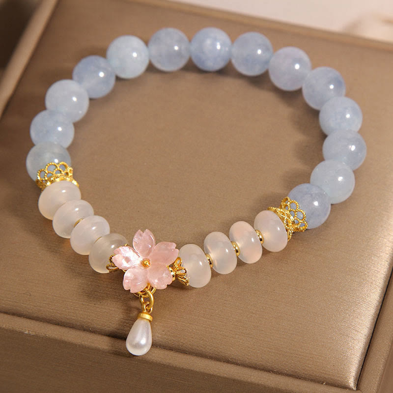 Wear FengShui Aquamarine White Agate Pearl Abacus Beads Flower Healing Bracelet