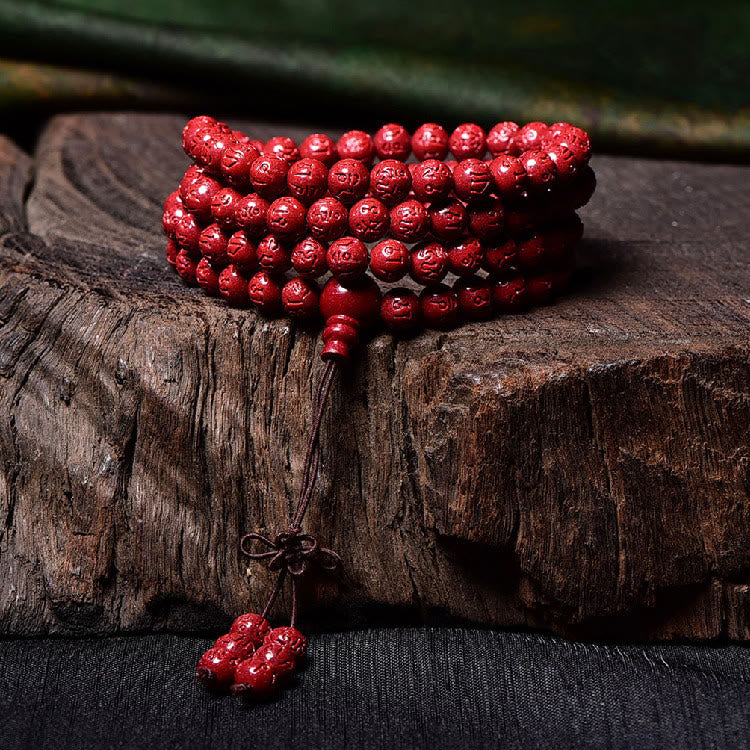 Wear FengShui 108 Mala Beads Cinnabar Om Mani Padme Hum Pattern Engraved Blessing Bracelet
