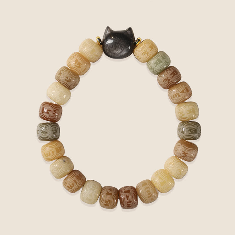 Wear FengShui Bodhi Seed Silver Sheen Obsidian Cat Head Om Mani Padme Hum Engraved Harmony Bracelet