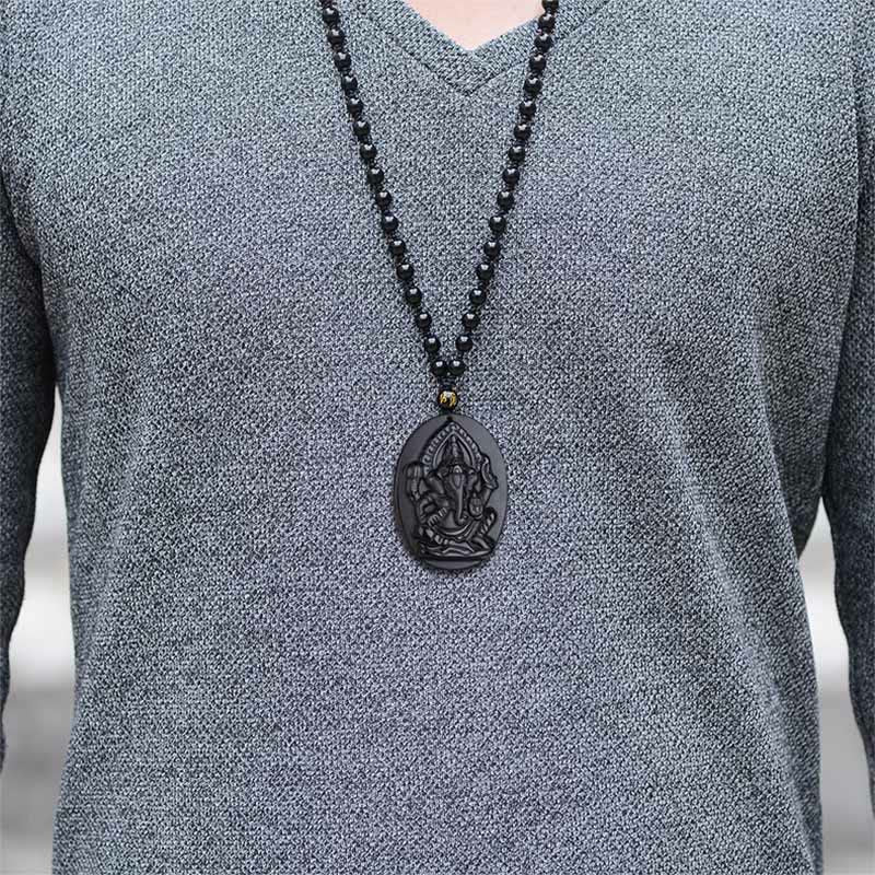 Wear FengShui Tibetan Obsidian Ganesh Ganpati Elephant Wealth Amulet Necklace