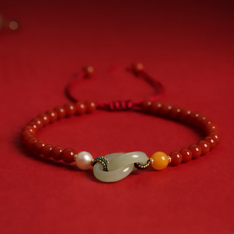 Wear FengShui Natural Red Agate Hetian Jade Double Peace Buckle Confidence Bracelet
