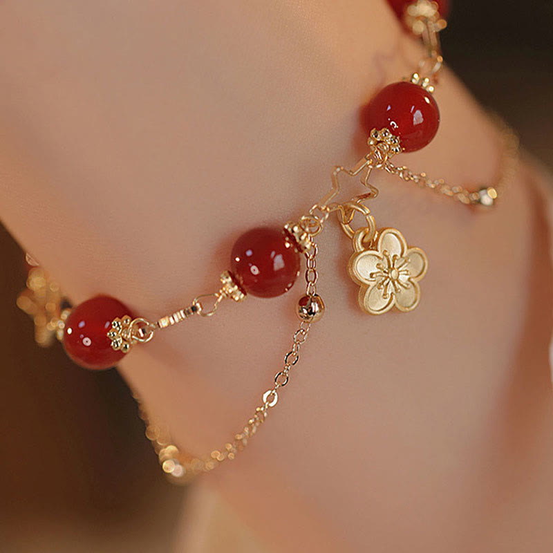 Wear FengShui 14k Gold Plated Red Agate Star Flower Charm Calm Bracelet