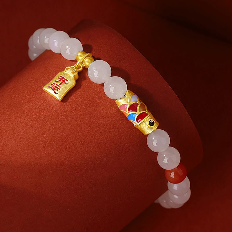 Wear FengShui 925 Sterling Silver Hetian White Jade Red Agate Koi Fish Luck Happiness Bracelet