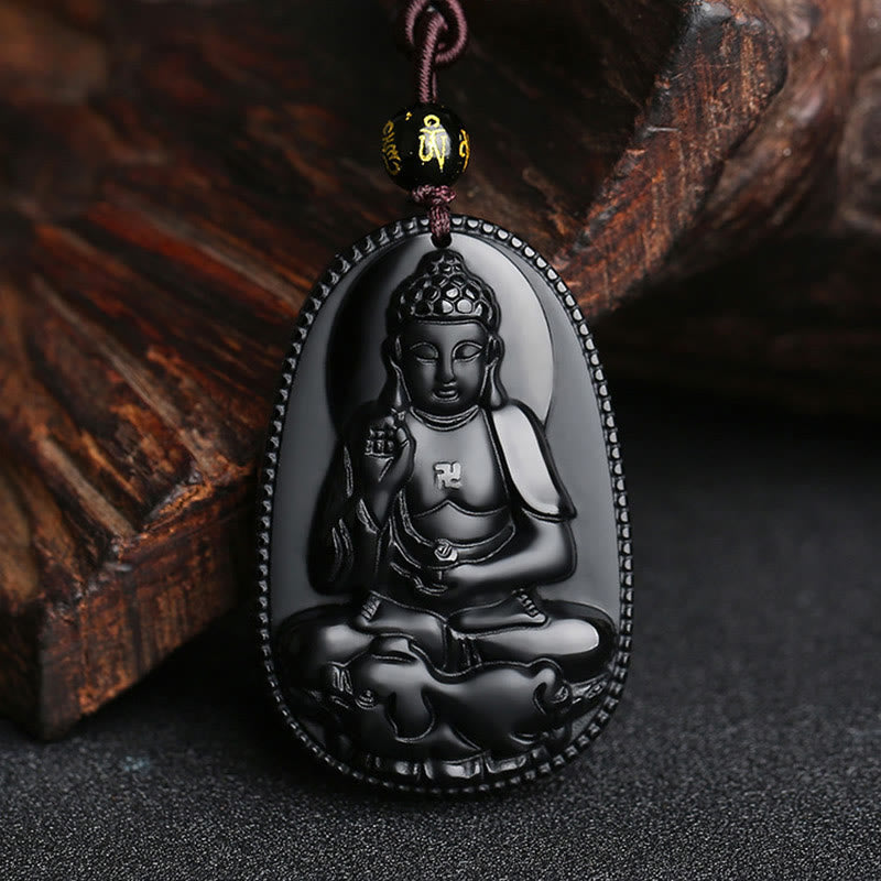 Wear FengShui Chinese Zodiac Natal Buddha Natural Black Obsidian Purification Necklace Pendant