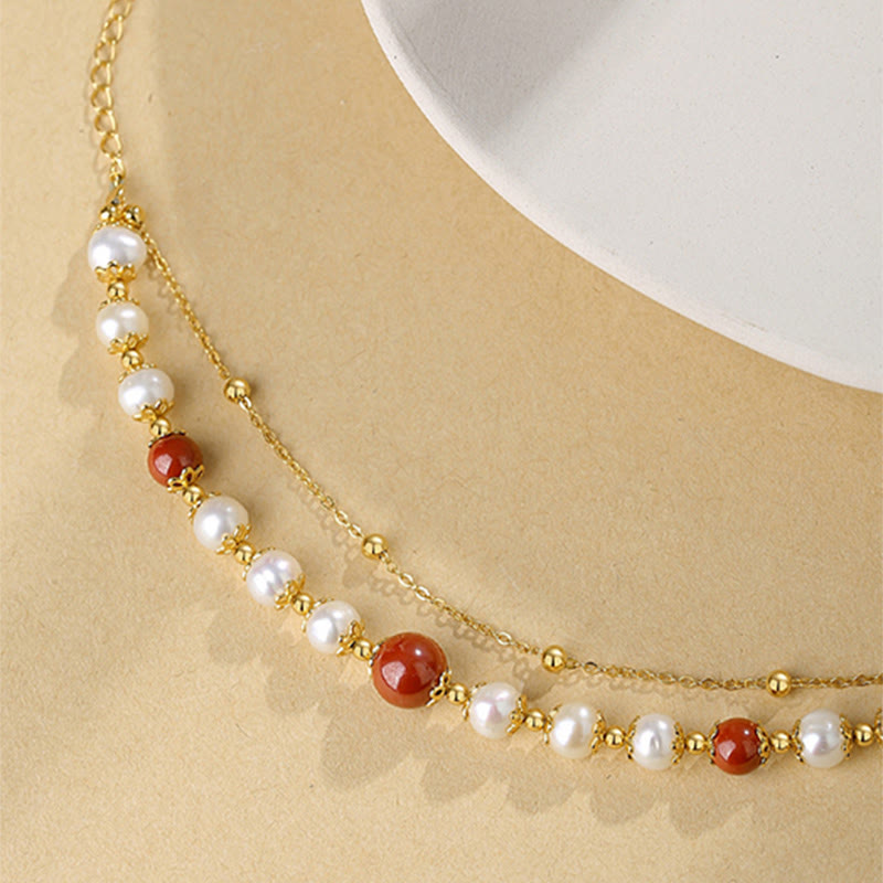 Wear FengShui 925 Sterling Silver Pearl Cinnabar Wisdom Bead Double Layer Chain Bracelet