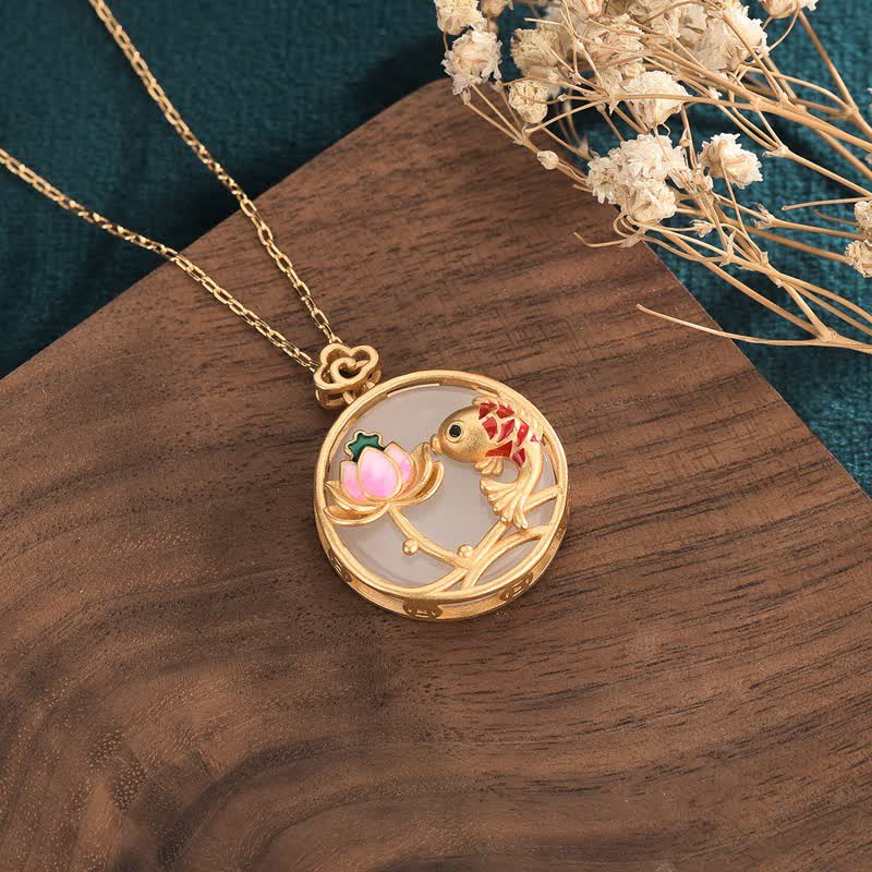Wear FengShui White Jade Koi Fish Lotus Blessing Necklace Pendant