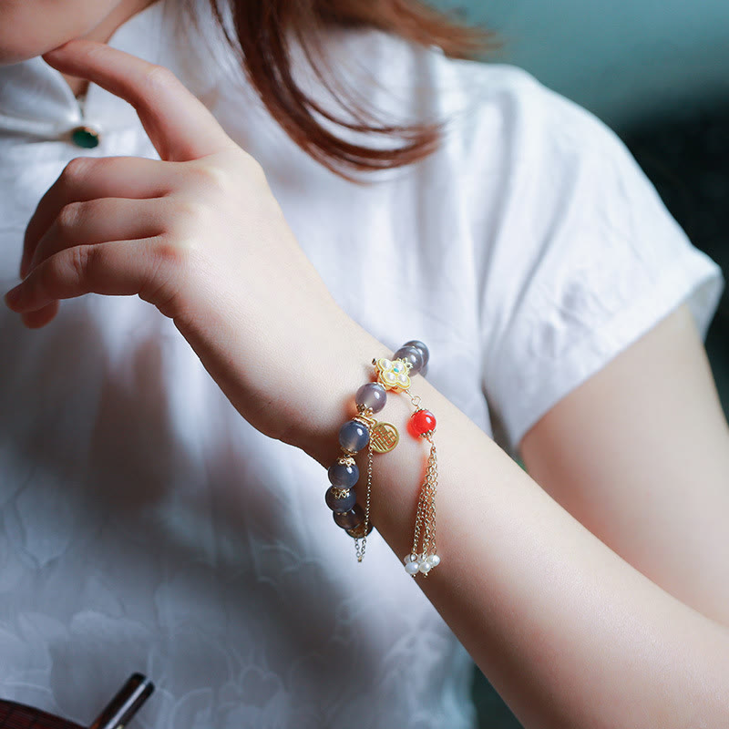 Wear FengShui Natural Gray Agate Fu Character Pearl Tassel Balance Bracelet