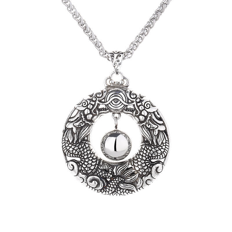 Wear FengShui Double Dragon Playing Bead Copper Protection Necklace Pendant
