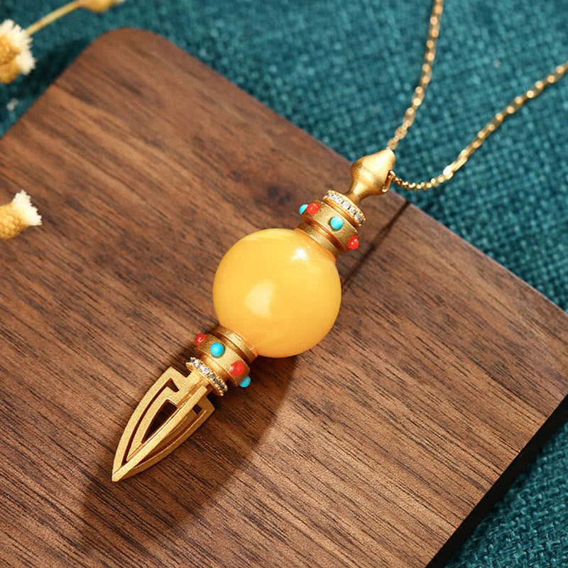 Wear FengShui 24K Gold Plated Amber Dorje Vajra Clear Anxiety Necklace Pendant