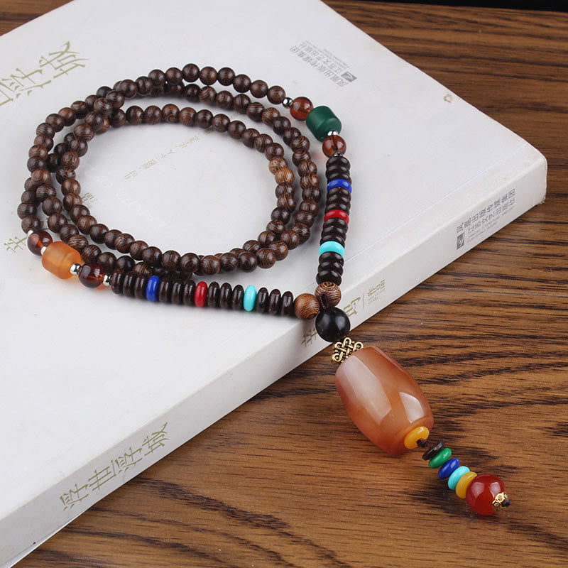 Wear FengShui Tibetan Wenge Wood Bodhi Seed Agate Balance Peace Necklace Pendant