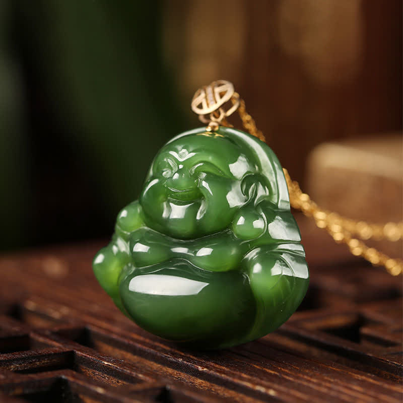 Wear FengShui 925 Sterling Silver Laughing Buddha Hetian Cyan Jade 18K Gold Success Necklace Chain Pendant