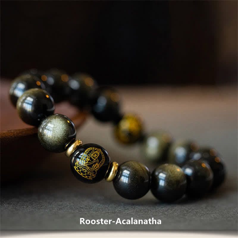 Wear FengShui Chinese Zodiac Natal Buddha Gold Sheen Obsidian Wealth Protection Bracelet