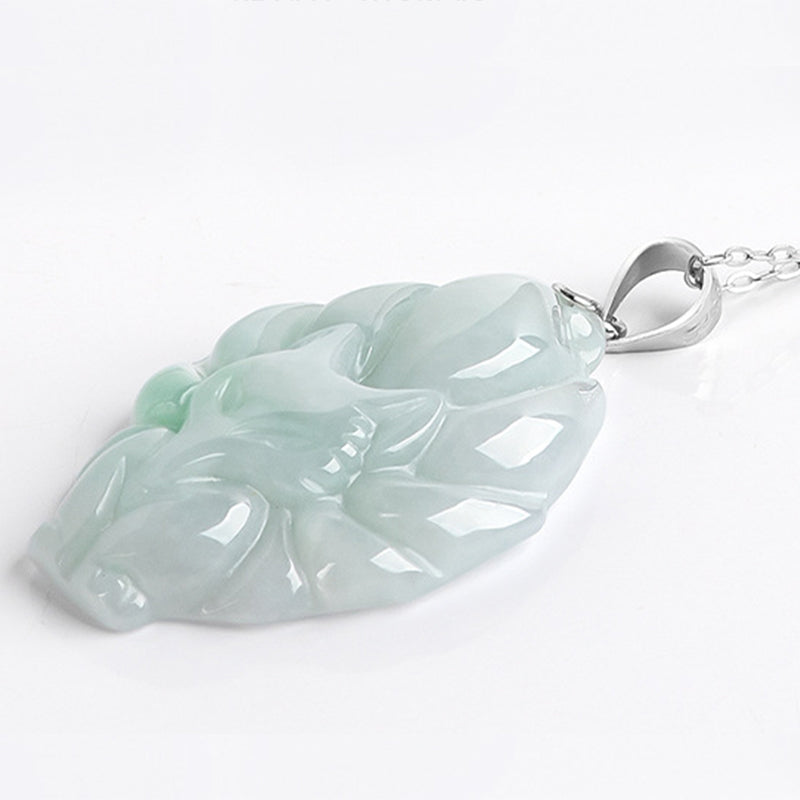 Wear FengShui Natural Jade Nine Tailed Fox Prosperity Titanium Steel Chain Necklace Pendant