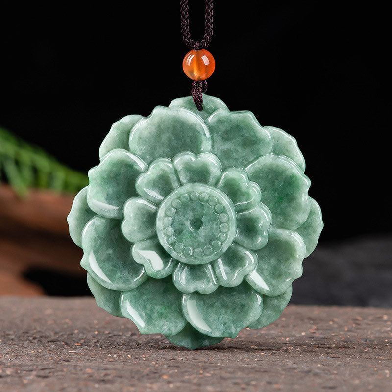 Wear FengShui Lotus Pattern Jade Luck Prosperity Necklace Pendant