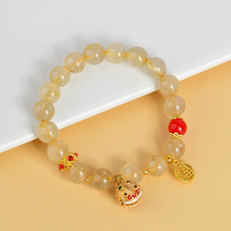 Wear FengShui Natural Golden Rutilated Quartz Fu Character Charm Bell Wealth Bracelet