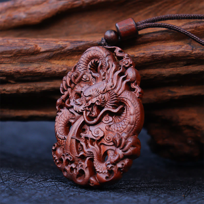 Wear FengShui Lightning Struck Jujube Wood Double Dragon Relief Ward Off Evil Spirits Necklace Pendant