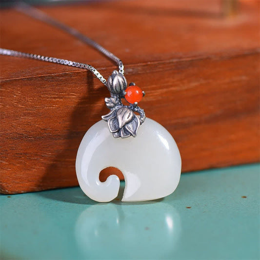 Wear FengShui White Jade Elephant Lotus Protection Necklace Pendant