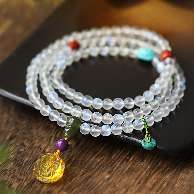 Wear FengShui 108 Mala Beads Moonstone Amber Lotus Turquoise Crystal Healing Bracelet