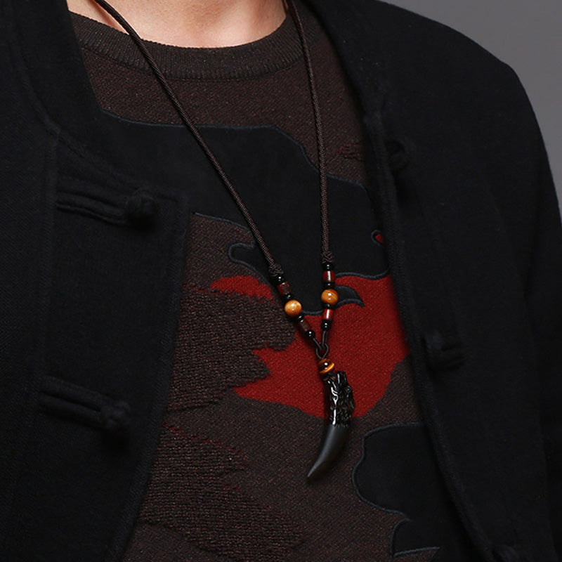 Wear FengShui Natural Ice Obsidian Wolf Tooth Pattern Courage Necklace Pendant