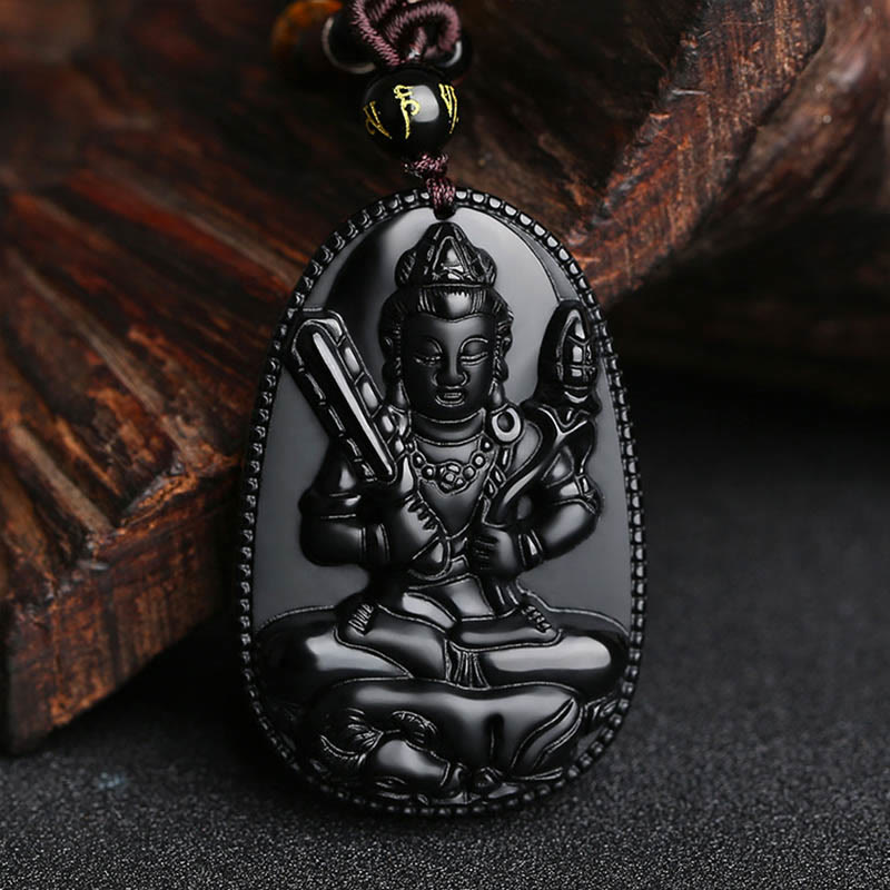 Wear FengShui Chinese Zodiac Natal Buddha Natural Black Obsidian Purification Necklace Pendant