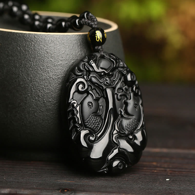 Wear FengShui Black Obsidian Koi Fish Bead Rope Fulfilment Strength Necklace Pendant