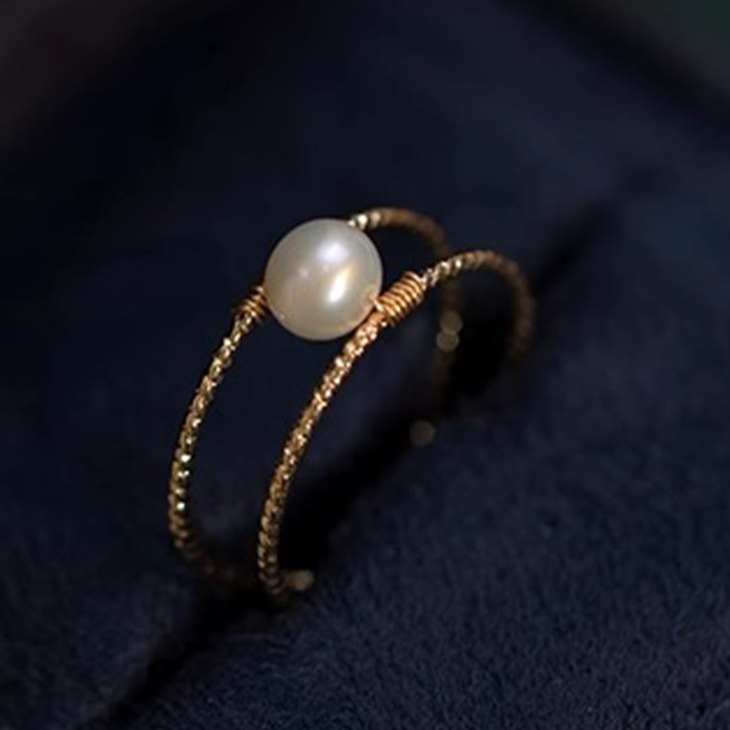 Wear FengShui Round Jade Pearl Bead Double Layer Copper Luck Adjustable Ring
