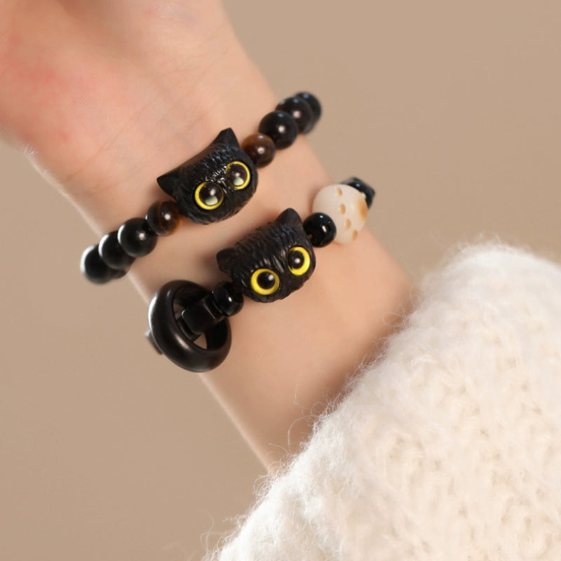 Wear FengShui Cute Ebony Wood Cat Head Pattern Peace Bracelet