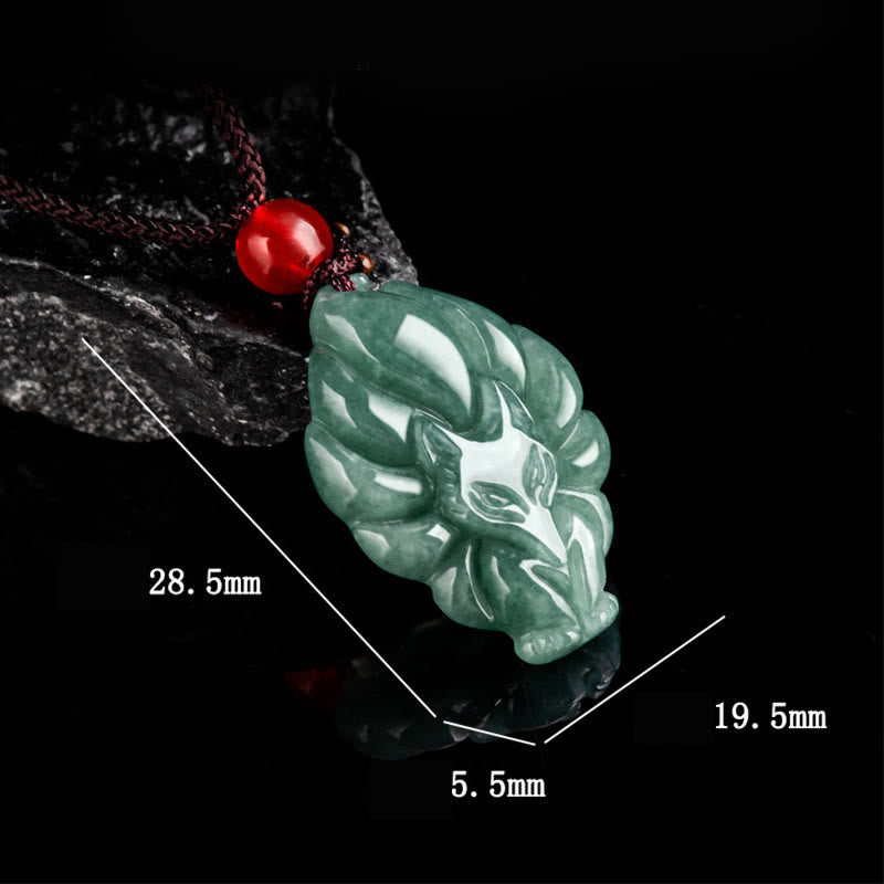 Wear FengShui Natural Green Jade Nine Tailed Fox Luck Necklace Pendant