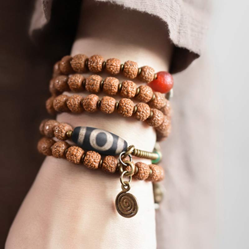 Wear FengShui 108 Mala Rudraksha Beads Bodhi Seed Dzi Bead Luck Auspiciousness Tassel Bracelet