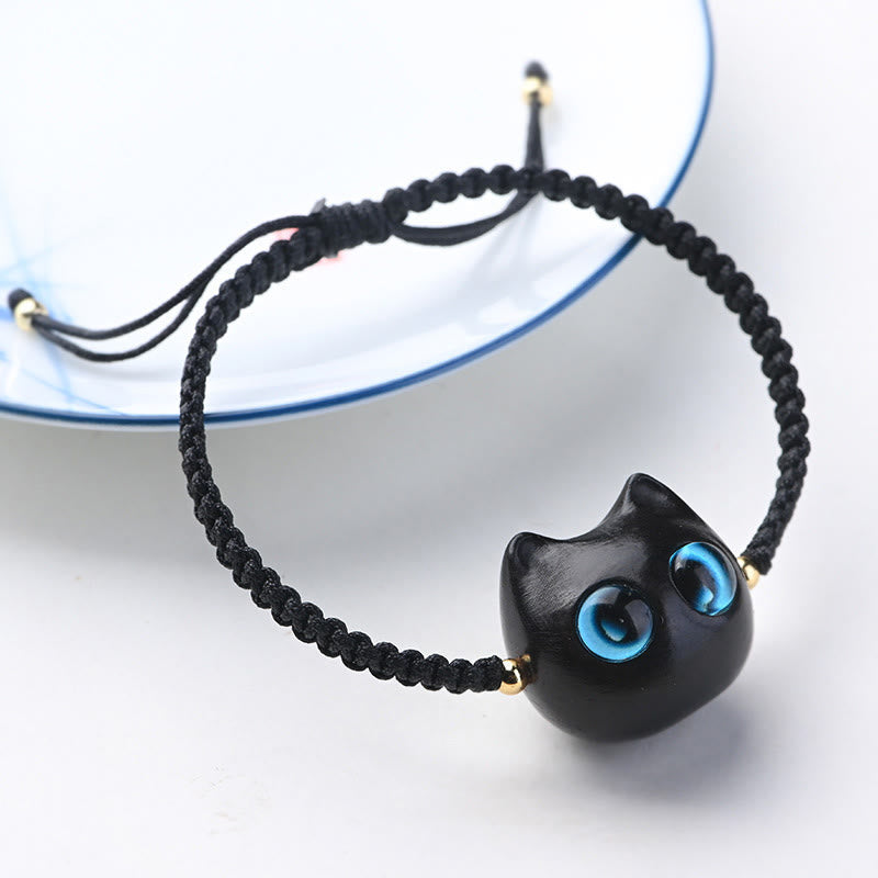 Wear FengShui Small Leaf Red Sandalwood Ebony Wood Cute Cat Head Calm Protection Braided Bracelet