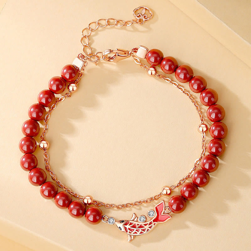 Wear FengShui 925 Sterling Silver Lucky Koi Fish Cinnabar Zircon Prosperity Double Layer Chain Bracelet