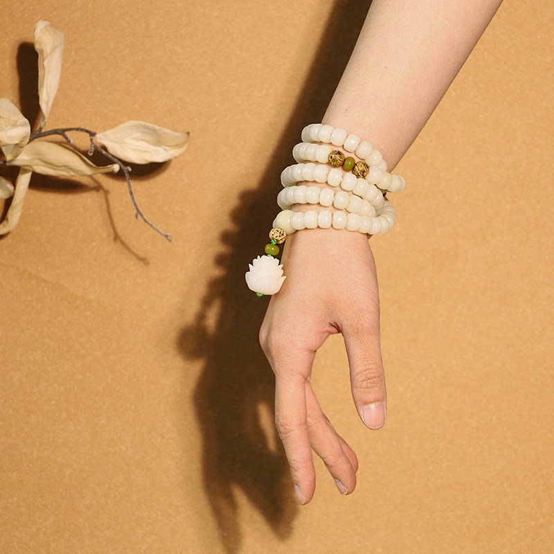 Wear FengShui White Jade Bodhi Lotus Mala Harmony Necklace Bracelet