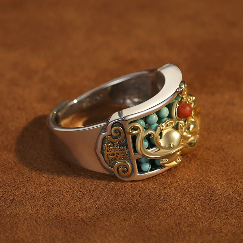 Wear FengShui 925 Sterling Silver Turquoise Red Agate PiXiu Abacus Protection Ring