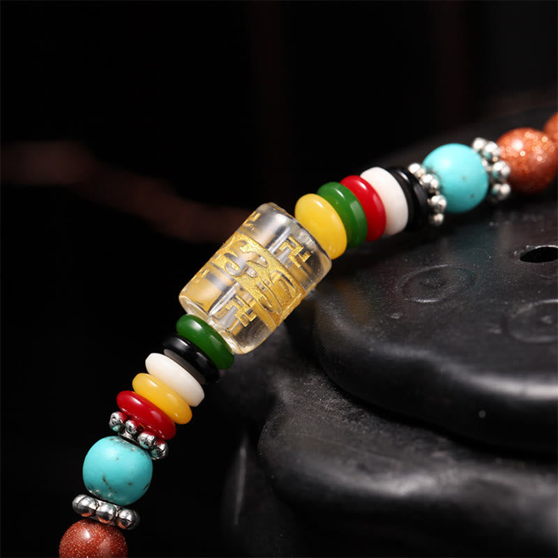 Wear FengShui 108 Mala Beads Goldstone Om Mani Padme Hum Swastika Confidence Bracelet