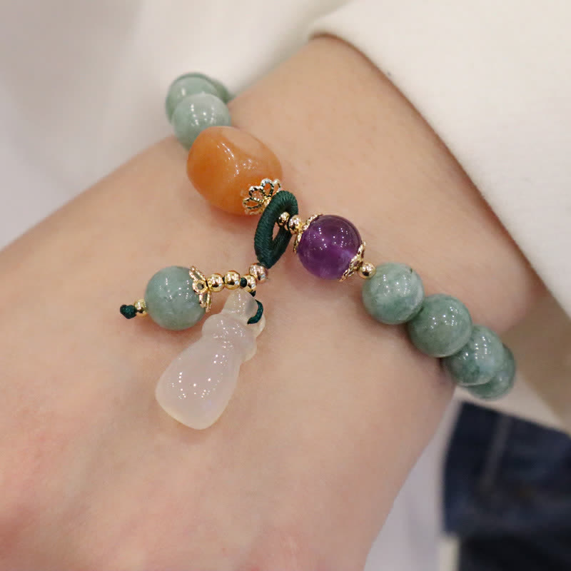 Wear FengShui Cyan Jade Lotus Pumpkin Wish Peace Buckle Amethyst Crystal Healing Bracelet