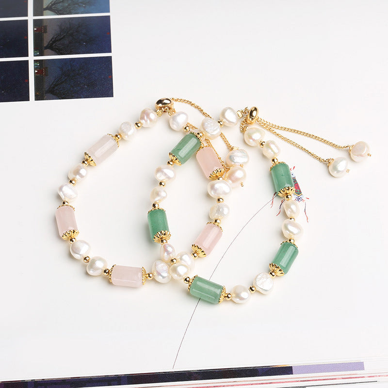 Wear FengShui Green Aventurine Pearl Pink Crystal Bead Luck Bracelet