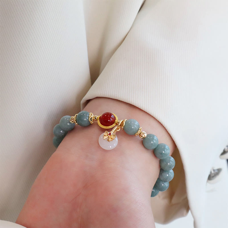 Wear FengShui Natural Jade Red Agate Pearl Bow Tie Luck Bracelet