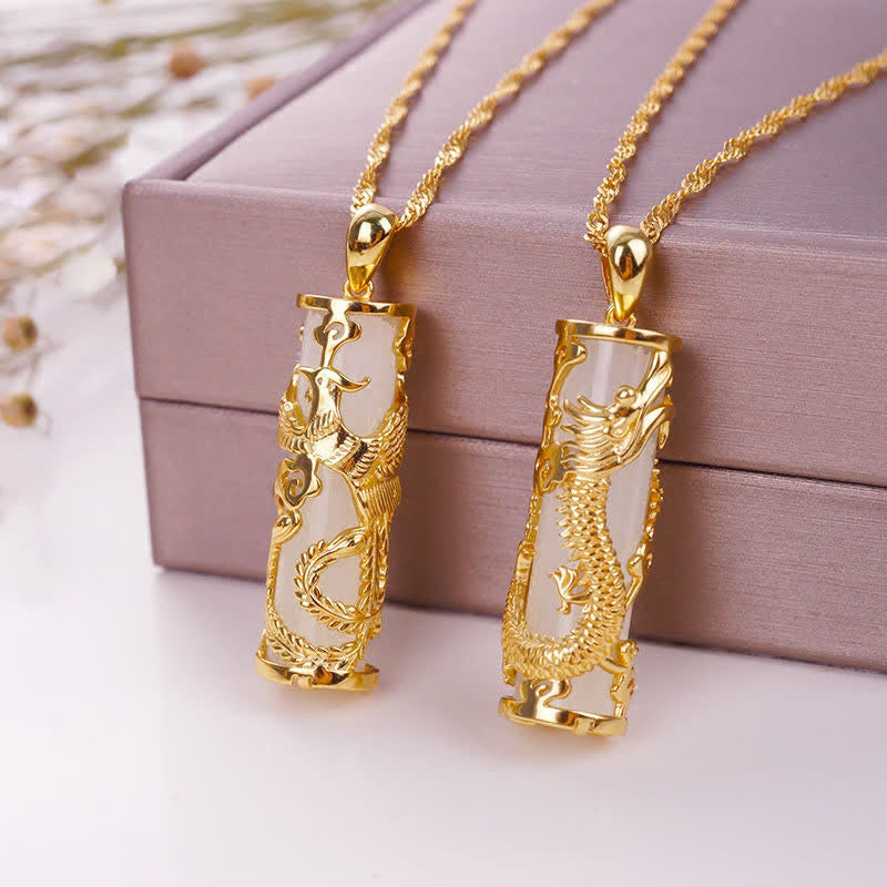 Wear FengShui Jade Dragon Phoenix Copper Blessing Harmony Necklace Pendant