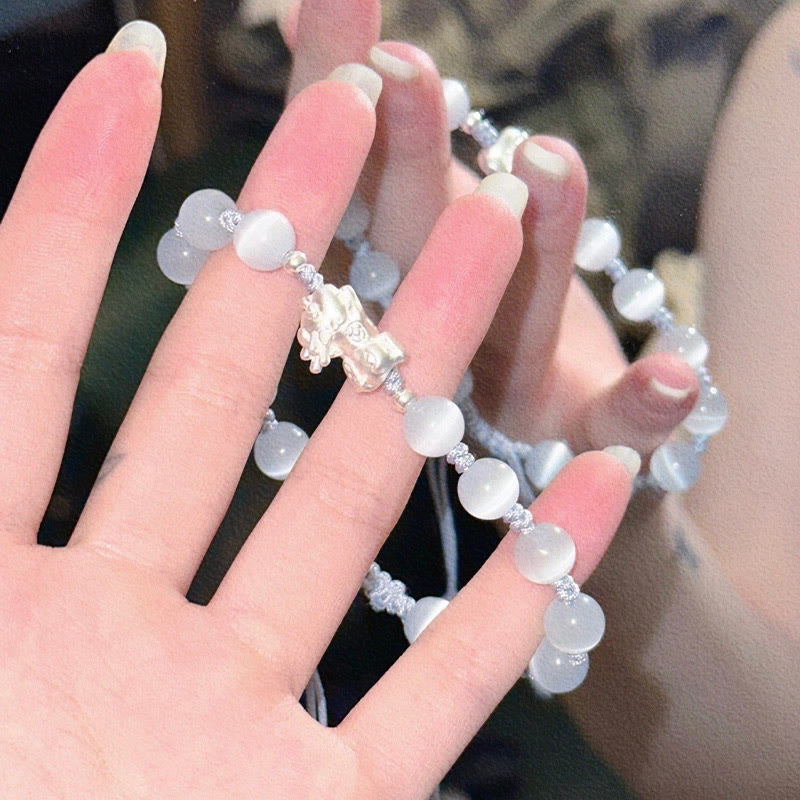 Wear FengShui Natural Black Obsidian Cat's Eye Pink Crystal PiXiu Strength Bracelet