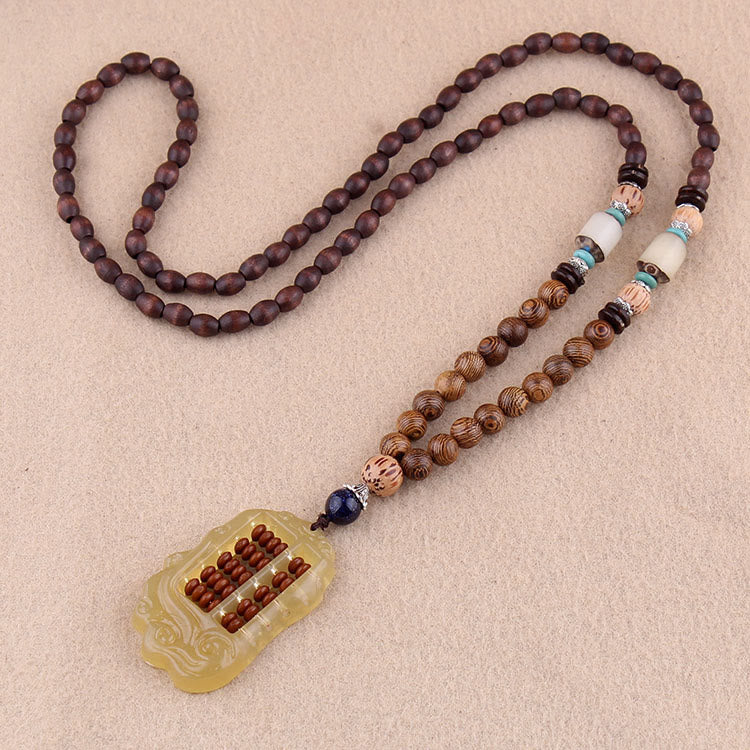 Wear FengShui Tibetan Wenge Wood Bodhi Seed Agate Balance Peace Necklace Pendant