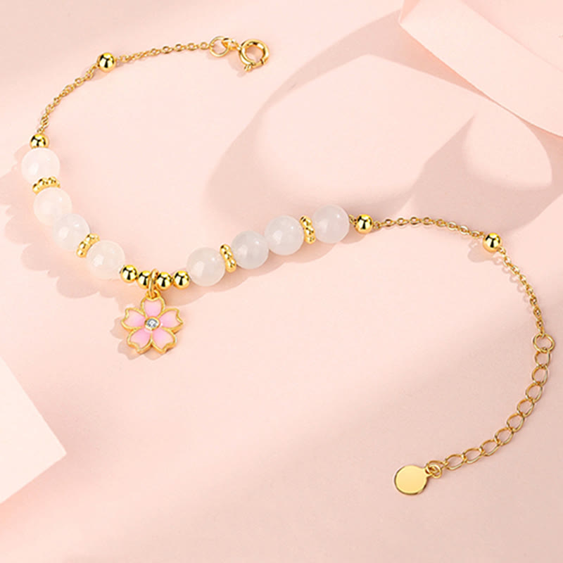 Wear FengShui 925 Sterling Silver Hetian White Jade Cherry Blossom Protection Bracelet