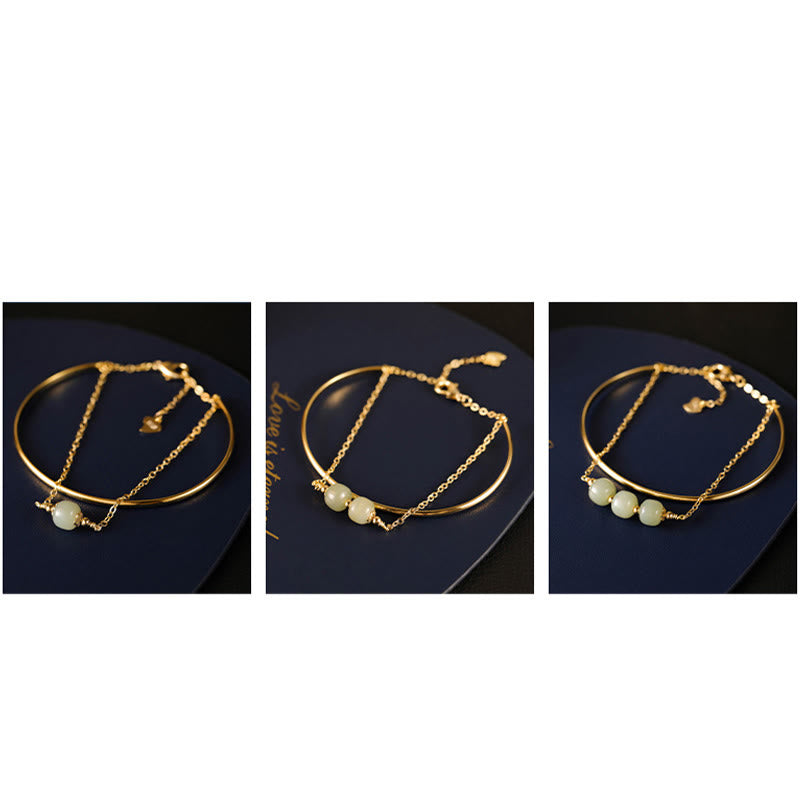 Wear FengShui Copper Plated Gold Hetian Jade Bead Luck Double Layer Bracelet Bangle