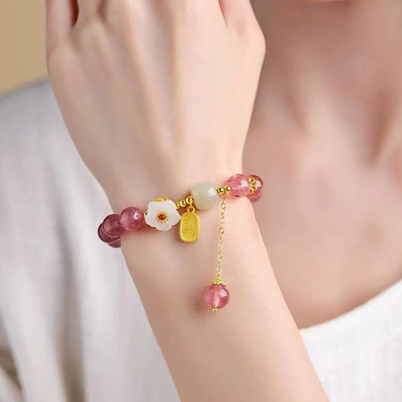 Wear FengShui Strawberry Quartz Fu Character Pink Crystal Healing Bracelet