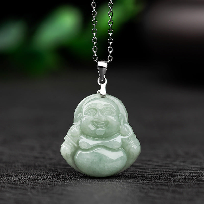 Wear FengShui Laughing Buddha Jade Blessing Titanium Steel Chain Necklace Pendant