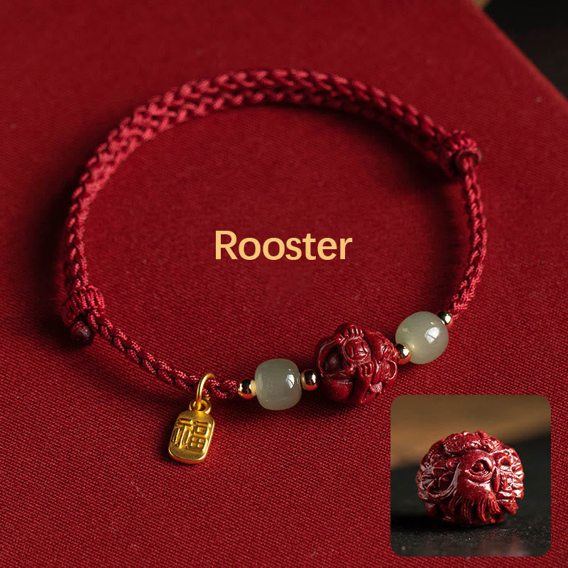 Wear FengShui Natural Cinnabar Chinese Zodiac Hetian Jade Fu Character Luck Rope Bracelet
